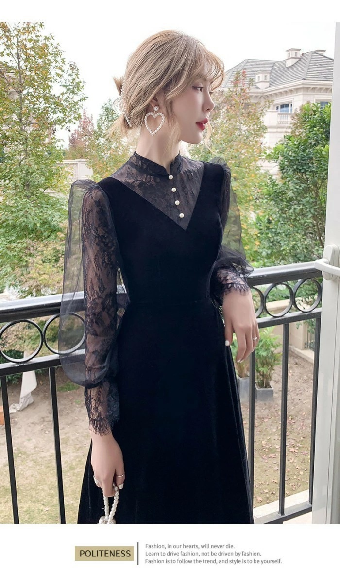 発表会 ドレス パーティードレス 演奏会 ドレス ブラック 黒 ロングドレス Aライン ポワント袖 長袖 ファスナー 透け感 結婚式 母親 フォーマル 小さいサイズ 大きいサイズ 女子会 da256x