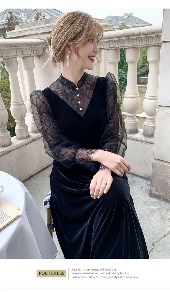 発表会 ドレス パーティードレス 演奏会 ドレス ブラック 黒 ロングドレス Aライン ポワント袖 長袖 ファスナー 透け感 結婚式 母親 フォーマル 小さいサイズ 大きいサイズ 女子会 da256x