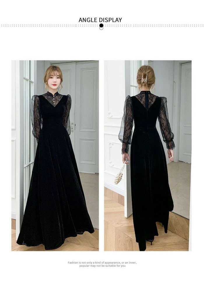 発表会 ドレス パーティードレス 演奏会 ドレス ブラック 黒 ロングドレス Aライン ポワント袖 長袖 ファスナー 透け感 結婚式 母親 フォーマル 小さいサイズ 大きいサイズ 女子会 da256x