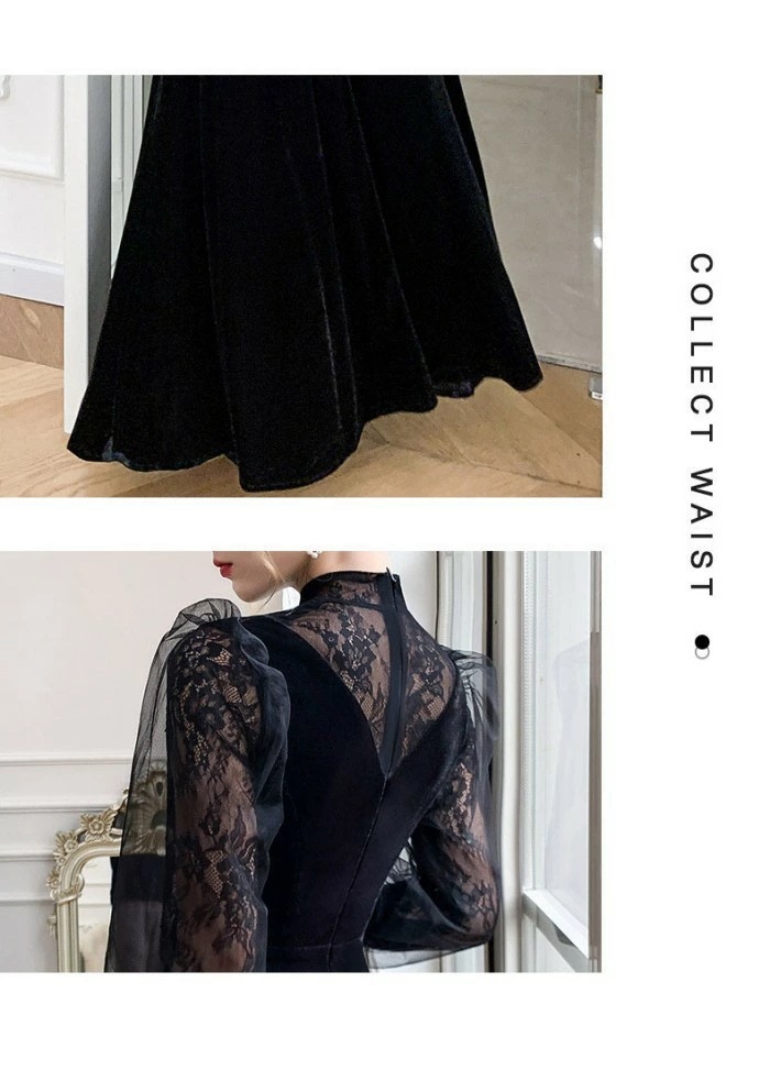 発表会 ドレス パーティードレス 演奏会 ドレス ブラック 黒 ロングドレス Aライン ポワント袖 長袖 ファスナー 透け感 結婚式 母親 フォーマル 小さいサイズ 大きいサイズ 女子会 da256x