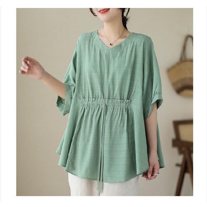 シャツ ブラウス レディース 春秋 長袖 綿 麻 ボリューム袖 Vネック ギャザー シャツ リネン 大きいサイズ 春 夏 秋 オシャレ シンプル カジ