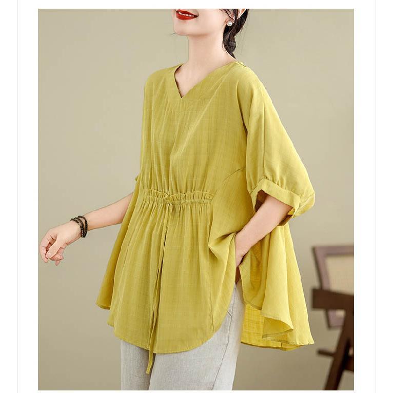 シャツ ブラウス レディース 春秋 長袖 綿 麻 ボリューム袖 Vネック ギャザー シャツ リネン 大きいサイズ 春 夏 秋 オシャレ シンプル カジ