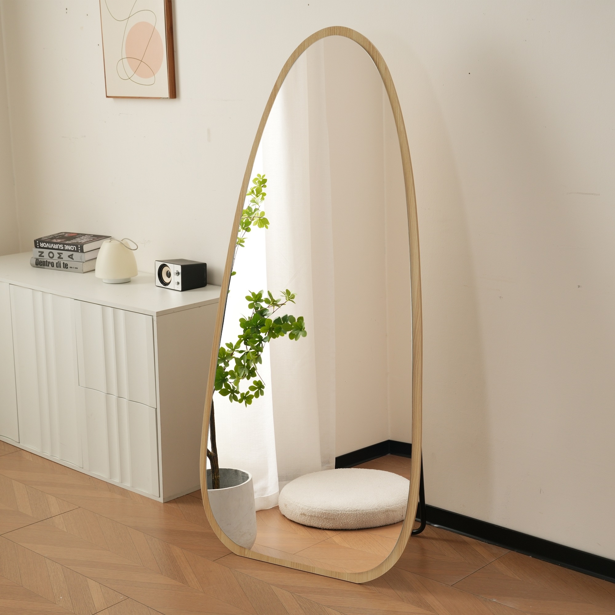 F18全身鏡 水滴型 姿見鏡 北欧 木目調 スタンドミラー 壁掛けミラー 立てかけ 姿見 鏡 ミラー おしゃれ 飛散防止 150*70CM ナチュラル