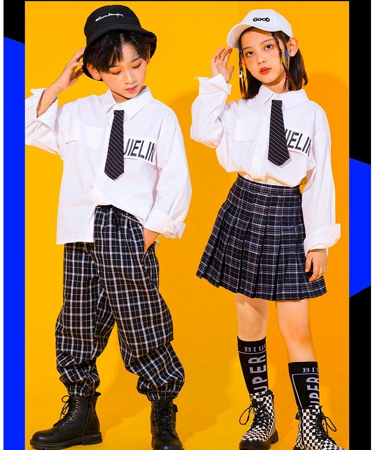 【即納】ダンス衣装 キッズ ジュニア ３点セット 【 男の子 長袖シャツ パンツ ロング丈 バケットハット黒 】【 女の子 長袖シャツ スカート 膝上丈 キャップ白 】 110 120 130 140