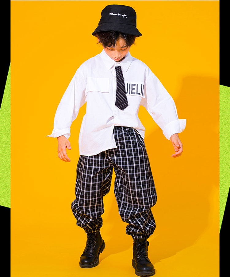 【即納】ダンス衣装 キッズ ジュニア ３点セット 【 男の子 長袖シャツ パンツ ロング丈 バケットハット黒 】【 女の子 長袖シャツ スカート 膝上丈 キャップ白 】 110 120 130 140