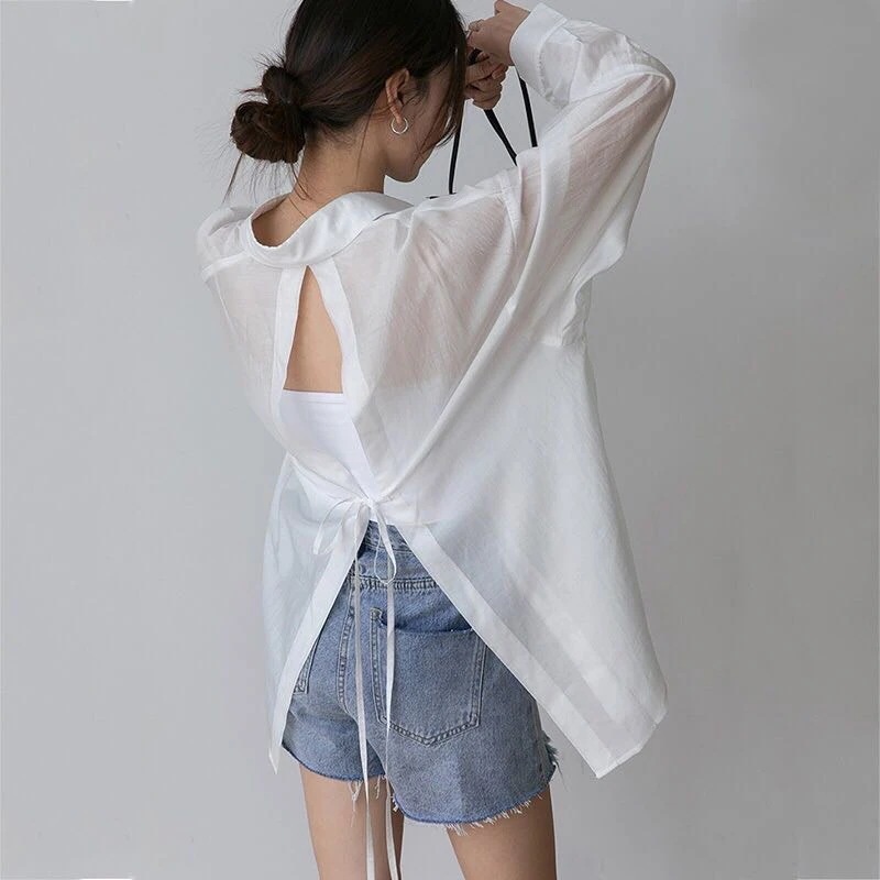【大人気 急速出荷】2025韓国版バックオープンタイ長袖薄手シャツルーズサンシャツ 【大人気 急速出荷】2025韓国版バックオープンタイ長袖薄手シャツルーズサンシャツ