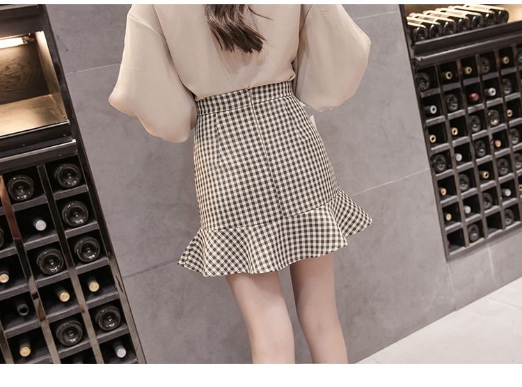 3010.ハイウエスト チェック柄フリルミニ丈スカート(ブラウン) 3010.ハイウエスト チェック柄フリルミニ丈スカート(ブラウン)