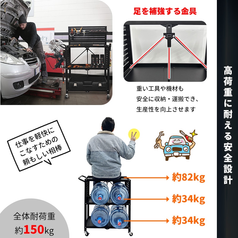 ツールカート 工具ワゴン 工具台車 工具カート 3段 折り畳み式 ツール収納ラック 折りたたみ式ツールカート 工具収納カート 作業用ワゴン 工具整理カート 360回転キャスター メッシュパネル付き