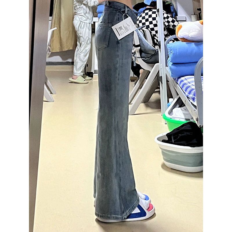 女性用韓国風スモールライトカラーカフスブーツカットジーンズアメリカンレトロ大きいサイズハイウエストスリムフロアレングスパンツ