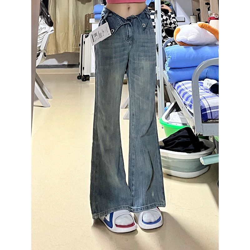 女性用韓国風スモールライトカラーカフスブーツカットジーンズアメリカンレトロ大きいサイズハイウエストスリムフロアレングスパンツ