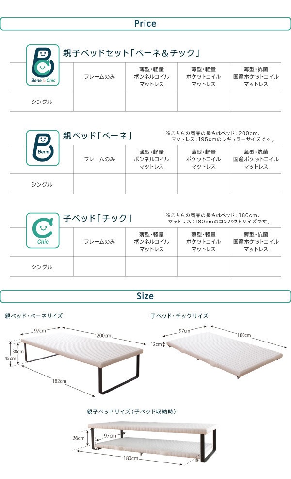 組立簡単！すのこ構造 省スペース スライド収納親子ベッド [Bene＆Chic]ベーネ＆チック 親ベッド単品（子ベッドなし） [薄型軽量ポケットコイルマットレス付き] シングル