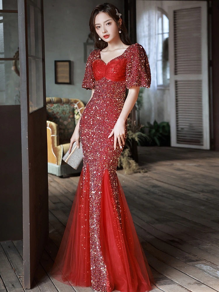 乾杯服花嫁結婚式カジュアル服バーガンディ婚約フィッシュテール宴会芸術試験イブニングドレススカートレディース