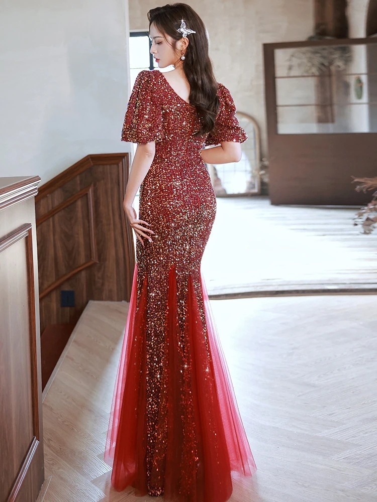 乾杯服花嫁結婚式カジュアル服バーガンディ婚約フィッシュテール宴会芸術試験イブニングドレススカートレディース