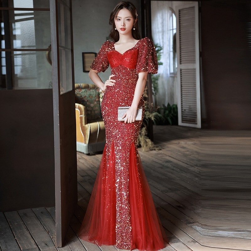 乾杯服花嫁結婚式カジュアル服バーガンディ婚約フィッシュテール宴会芸術試験イブニングドレススカートレディース