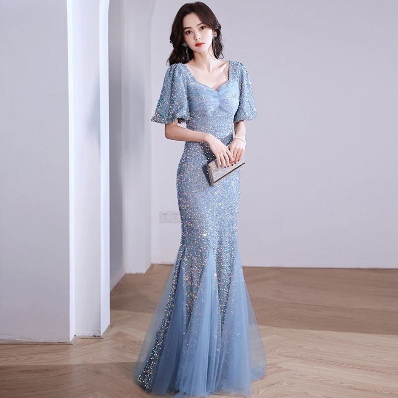 乾杯服花嫁結婚式カジュアル服バーガンディ婚約フィッシュテール宴会芸術試験イブニングドレススカートレディース