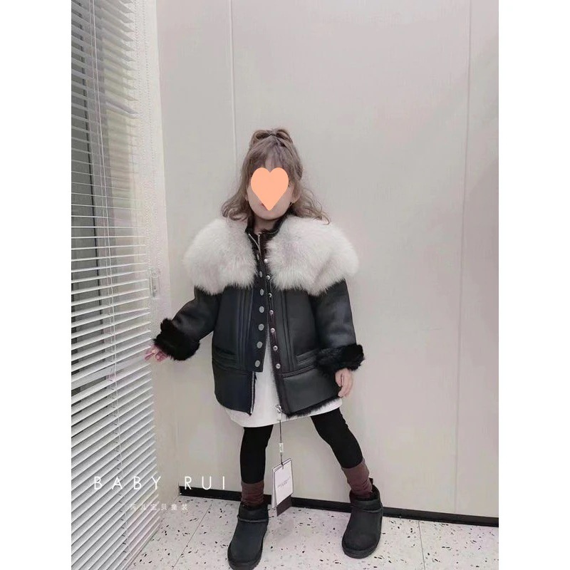 毛襟PU毛皮衣女子児童のの大毛襟加絨PU毛皮衣コート