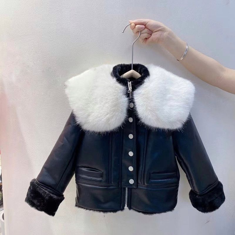 毛襟PU毛皮衣女子児童のの大毛襟加絨PU毛皮衣コート