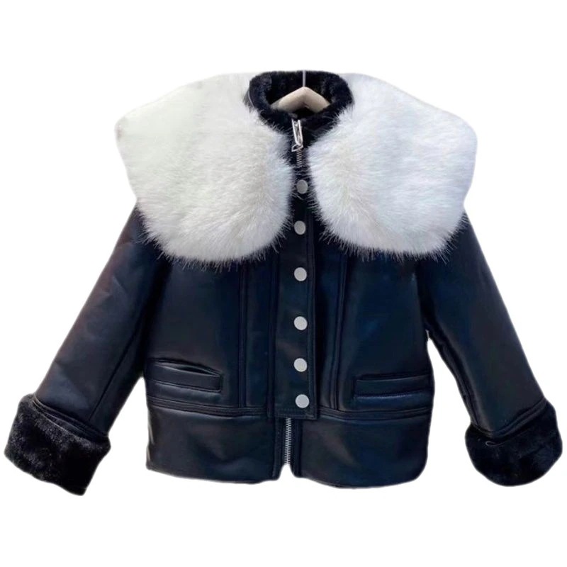 毛襟PU毛皮衣女子児童のの大毛襟加絨PU毛皮衣コート