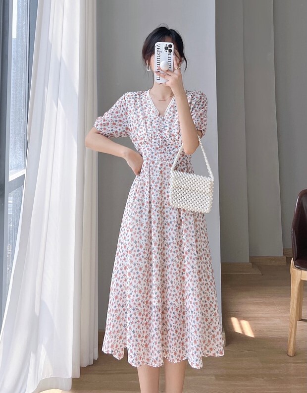 ワンピース レディース ロングワンピ S M L XL 韓国 ロング ロング丈 半袖 Vネック フレア Aライン ハイウエスト かわいい 大人可愛い きれいめ カジュアル エレガント 清楚 フェミニン