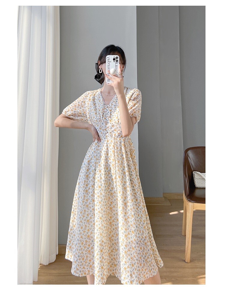 ワンピース レディース ロングワンピ S M L XL 韓国 ロング ロング丈 半袖 Vネック フレア Aライン ハイウエスト かわいい 大人可愛い きれいめ カジュアル エレガント 清楚 フェミニン