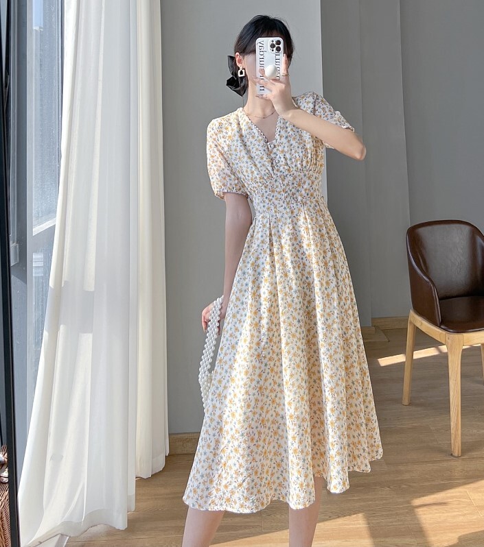 ワンピース レディース ロングワンピ S M L XL 韓国 ロング ロング丈 半袖 Vネック フレア Aライン ハイウエスト かわいい 大人可愛い きれいめ カジュアル エレガント 清楚 フェミニン