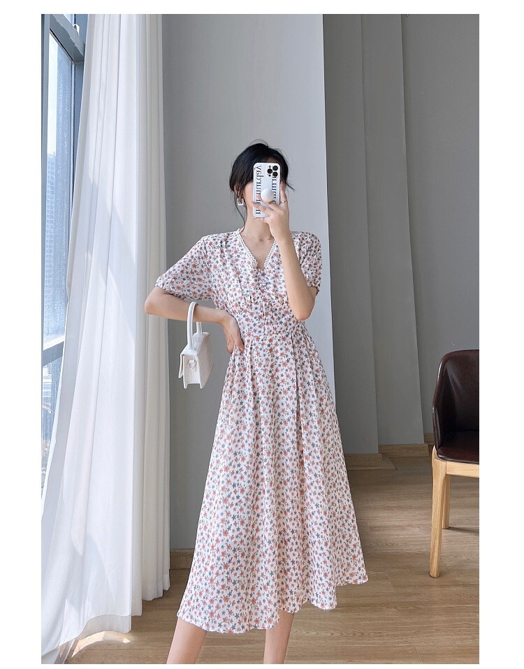 ワンピース レディース ロングワンピ S M L XL 韓国 ロング ロング丈 半袖 Vネック フレア Aライン ハイウエスト かわいい 大人可愛い きれいめ カジュアル エレガント 清楚 フェミニン