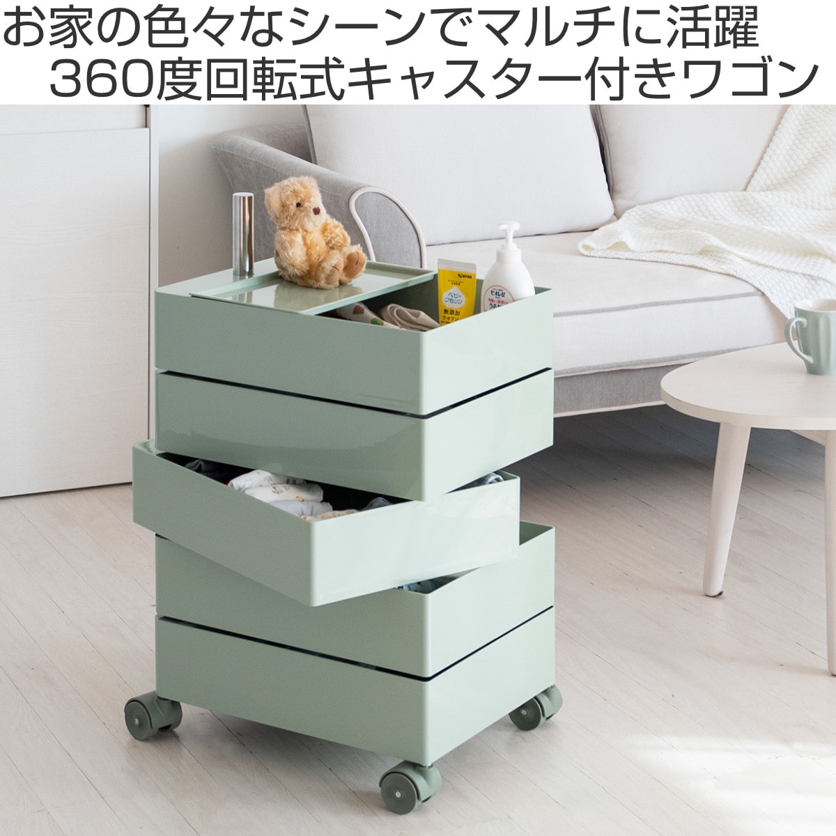 マルチワゴン 幅32cm Pluna（プルーナ） 5段 回転式トレー 完成品 ワゴン キャスター付 収納 棚 ラック A4対応 A4サイズ 5段トレー ミニワゴン トロリー サイドワゴン