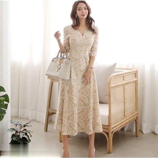 ワンピース ロング丈 無地 半袖 上品 パーティー 結婚式 韓国 org.jpg