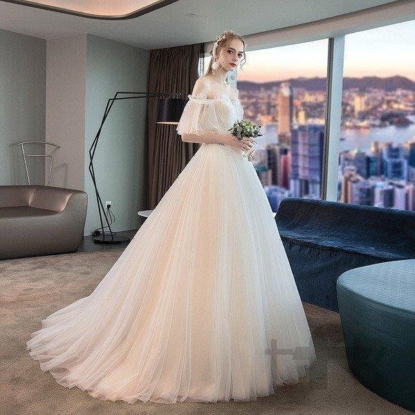 ウェディングドレス 白 花嫁 結婚式 ドレス パーティードレス パフスリーブ オフショルダー 花嫁ロングドレス 結婚式 二次会 お呼ばれ 挙式 姫系