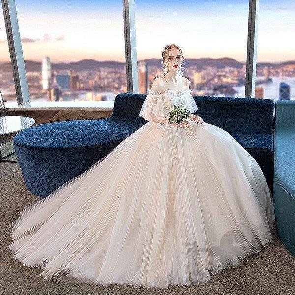 ウェディングドレス 白 花嫁 結婚式 ドレス パーティードレス パフスリーブ オフショルダー 花嫁ロングドレス 結婚式 二次会 お呼ばれ 挙式 姫系