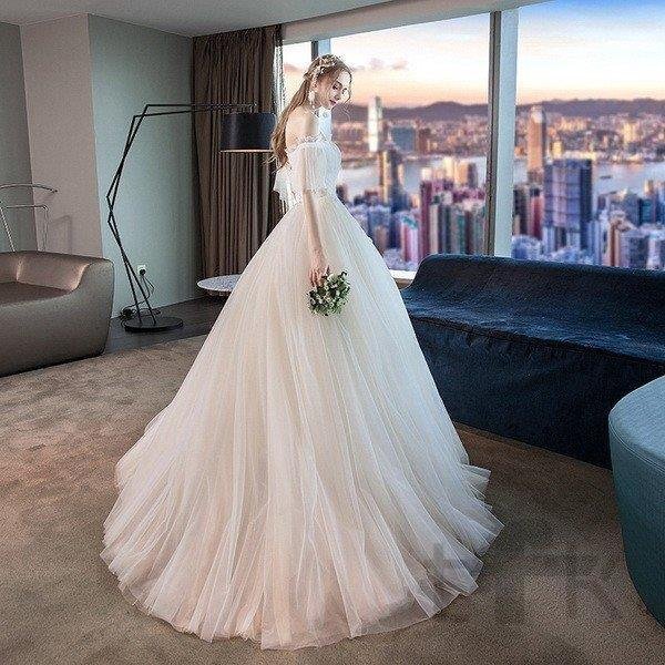 ウェディングドレス 白 花嫁 結婚式 ドレス パーティードレス パフスリーブ オフショルダー 花嫁ロングドレス 結婚式 二次会 お呼ばれ 挙式 姫系