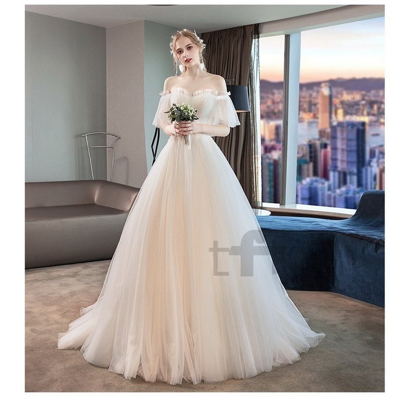 ウェディングドレス 白 花嫁 結婚式 ドレス パーティードレス パフスリーブ オフショルダー 花嫁ロングドレス 結婚式 二次会 お呼ばれ 挙式 姫系