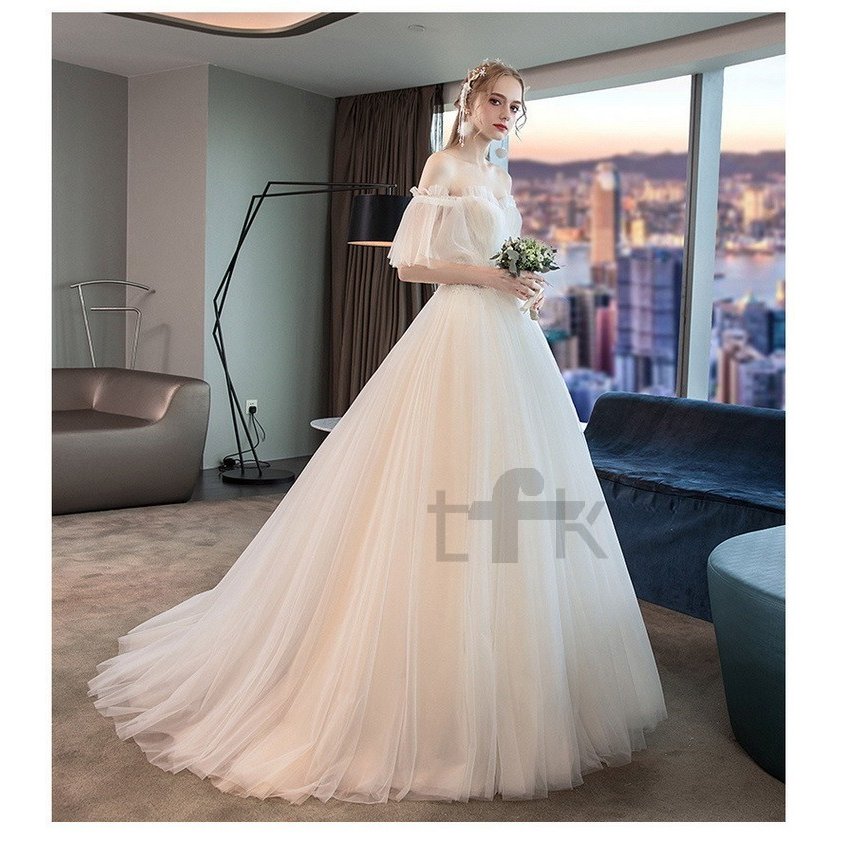 ウェディングドレス 白 花嫁 結婚式 ドレス パーティードレス パフスリーブ オフショルダー 花嫁ロングドレス 結婚式 二次会 お呼ばれ 挙式 姫系