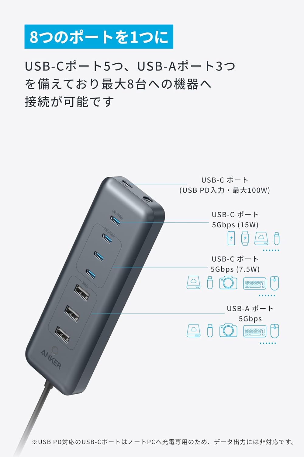 Anker USB-C データ ハブ 8-in-1, 5Gbps 高速データ転送 最大100W充電 USB PD対応 45Wアダプタ付属 USB-Cポート USB-Aポート搭載 Macbook Anker USB-C データ ハブ 8-in-1, 5Gbps 高速データ転送 最大100W充電 USB PD対応 45Wアダプタ付属 USB-Cポート USB-Aポート搭載 Macbook