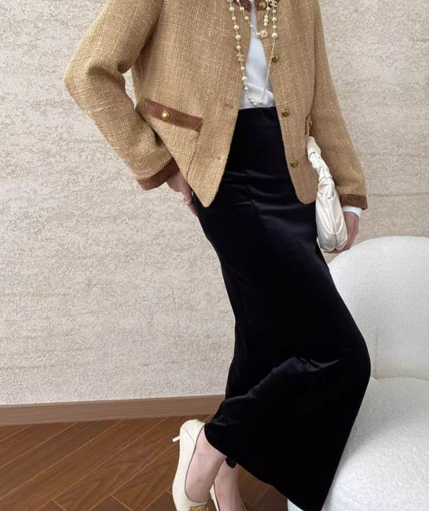 【送料無料】L M S 無地 光沢 黒 ブラック 落ち感 ハイウエスト フィッシュテール タイト ロング丈 ミモレ丈 ひざ下 秋 レディース ボトムス