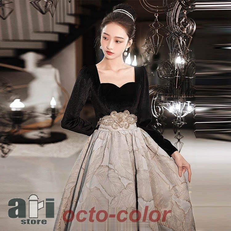 イブニングドレス 黒 ベロア ベルベット ロングドレス 発表会ドレス