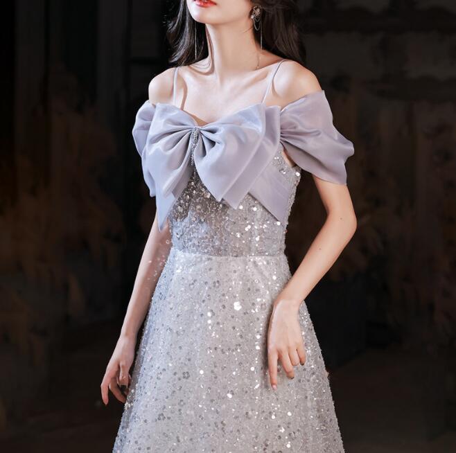 ウェディング グレー パーティー イブニング リボン スパンコール 高級感 レディース 女性 着やせ Aライン 編み上げ 結婚式 披露宴 成人式 音楽会 演奏会 発表会 披露宴 お姫様 エレガント ロ