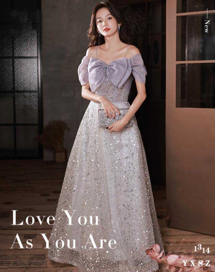 ウェディング グレー パーティー イブニング リボン スパンコール 高級感 レディース 女性 着やせ Aライン 編み上げ 結婚式 披露宴 成人式 音楽会 演奏会 発表会 披露宴 お姫様 エレガント ロ