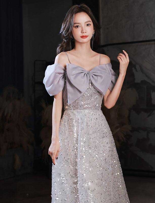 ウェディング グレー パーティー イブニング リボン スパンコール 高級感 レディース 女性 着やせ Aライン 編み上げ 結婚式 披露宴 成人式 音楽会 演奏会 発表会 披露宴 お姫様 エレガント ロ