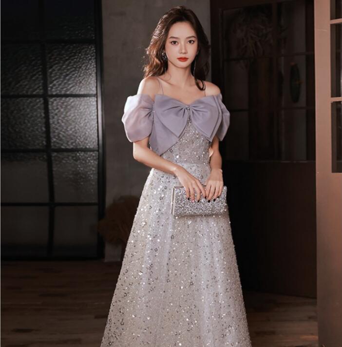 ウェディング グレー パーティー イブニング リボン スパンコール 高級感 レディース 女性 着やせ Aライン 編み上げ 結婚式 披露宴 成人式 音楽会 演奏会 発表会 披露宴 お姫様 エレガント ロ