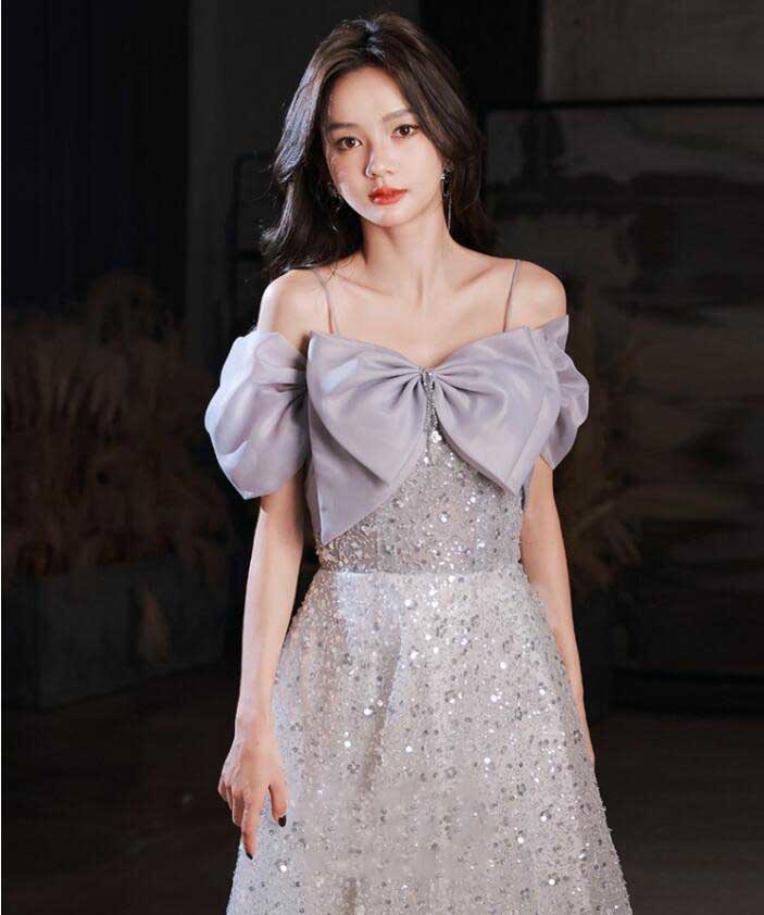 ウェディング グレー パーティー イブニング リボン スパンコール 高級感 レディース 女性 着やせ Aライン 編み上げ 結婚式 披露宴 成人式 音楽会 演奏会 発表会 披露宴 お姫様 エレガント ロ