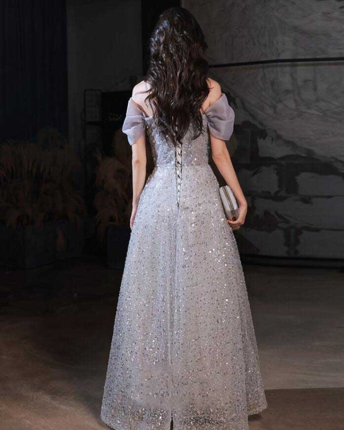 ウェディング グレー パーティー イブニング リボン スパンコール 高級感 レディース 女性 着やせ Aライン 編み上げ 結婚式 披露宴 成人式 音楽会 演奏会 発表会 披露宴 お姫様 エレガント ロ