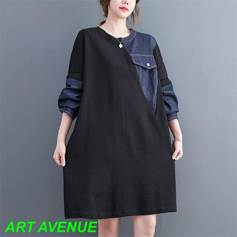 秋ワンピース レディース デニム 切り替え 膝丈ワンピ 個性的 長袖 Uネック さりげなく体型カバー お洒落 オーバーサイズ シルエット