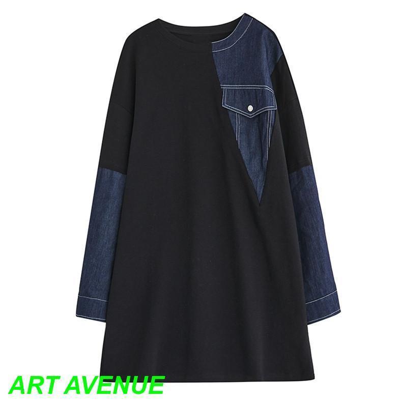 秋ワンピース レディース デニム 切り替え 膝丈ワンピ 個性的 長袖 Uネック さりげなく体型カバー お洒落 オーバーサイズ シルエット