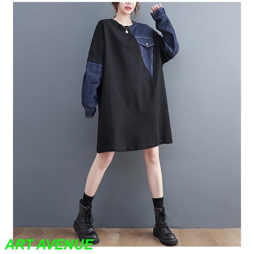 秋ワンピース レディース デニム 切り替え 膝丈ワンピ 個性的 長袖 Uネック さりげなく体型カバー お洒落 オーバーサイズ シルエット