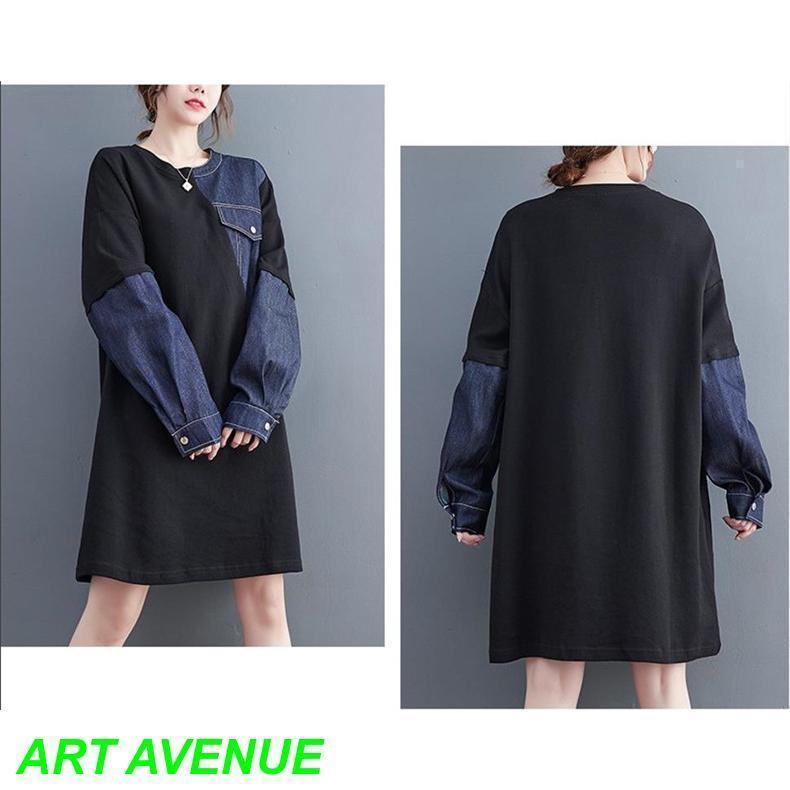 秋ワンピース レディース デニム 切り替え 膝丈ワンピ 個性的 長袖 Uネック さりげなく体型カバー お洒落 オーバーサイズ シルエット