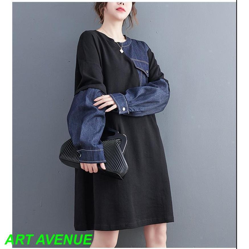 秋ワンピース レディース デニム 切り替え 膝丈ワンピ 個性的 長袖 Uネック さりげなく体型カバー お洒落 オーバーサイズ シルエット
