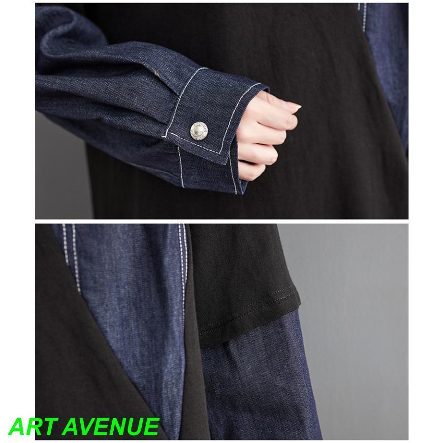 秋ワンピース レディース デニム 切り替え 膝丈ワンピ 個性的 長袖 Uネック さりげなく体型カバー お洒落 オーバーサイズ シルエット