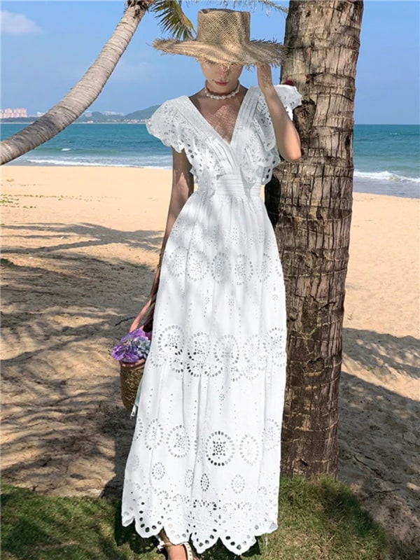 【送料無料】リゾートワンピース レディース サマードレス ワンピース Aライン ハワイ 沖縄 旅行用 大人 20代 30代 40代 可愛い お洒落 無地 ふんわり フェミニン 薄手 ホワイト 白