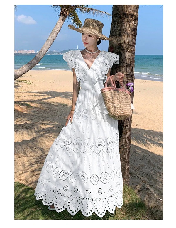 【送料無料】リゾートワンピース レディース サマードレス ワンピース Aライン ハワイ 沖縄 旅行用 大人 20代 30代 40代 可愛い お洒落 無地 ふんわり フェミニン 薄手 ホワイト 白